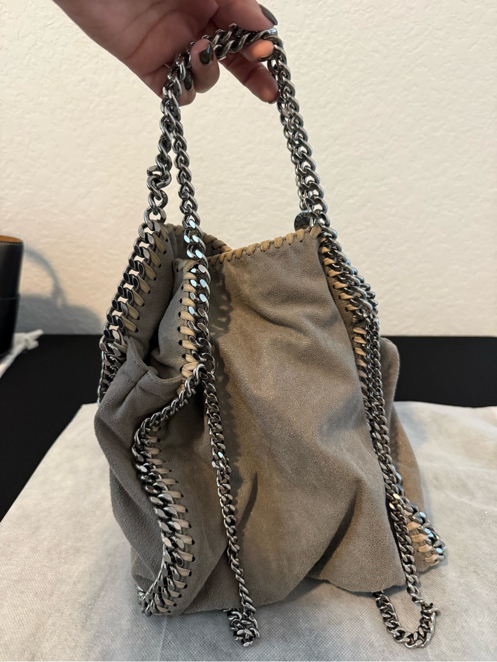 Authentic Stella McCartney Taupe Suede Whipstitch Shoulder Bag W/ Gunmetal chain - Picture 2 of 9